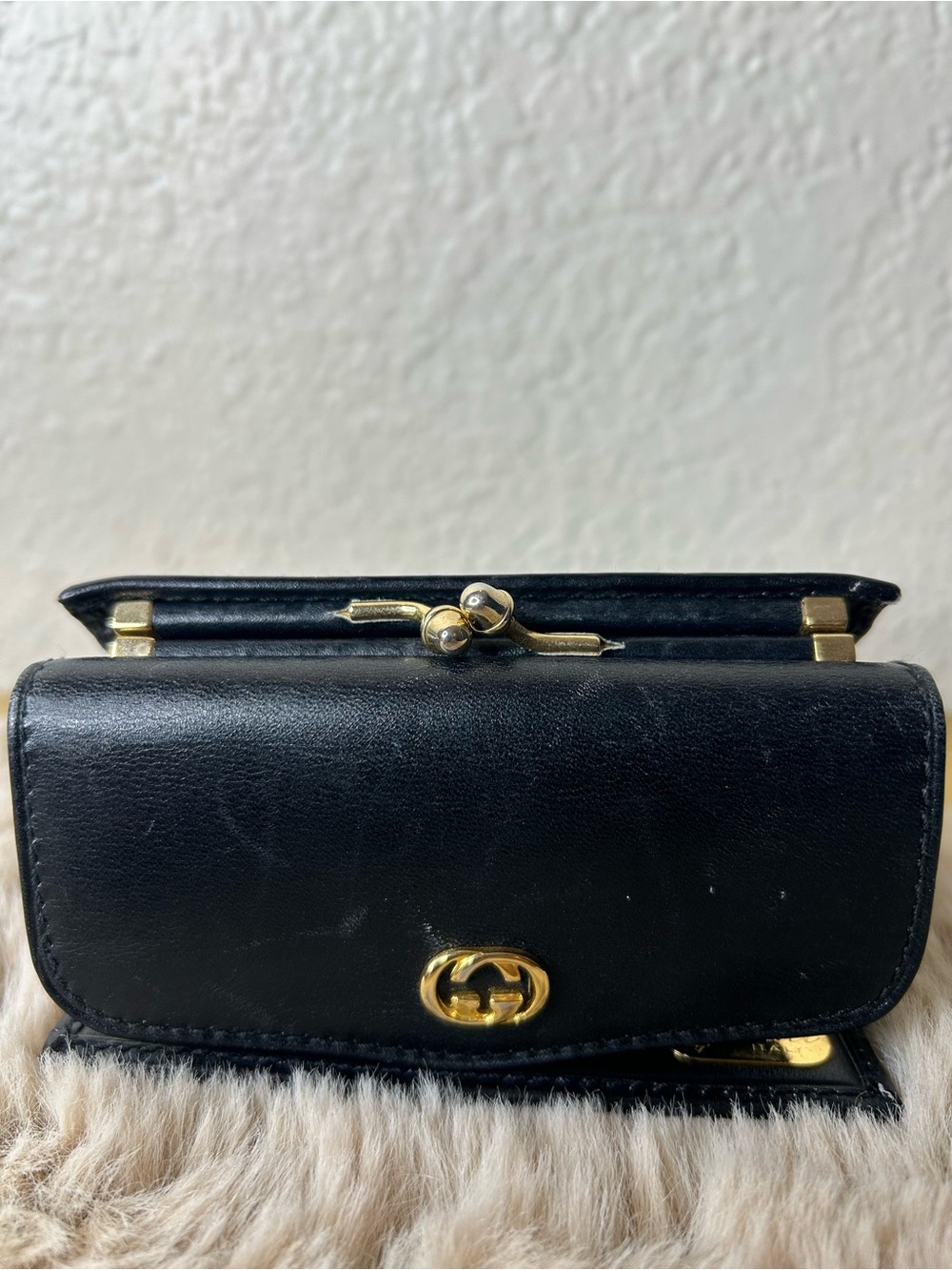 Gucci Black Leather Mini Wallet with Gold Logo and Hardware